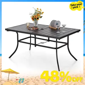 PHI VILLA Outdoor Patio Dining Table for 6, Rectangle Weather Resistant Metal Patio Table with Adjustable Umbrella Hole, Black