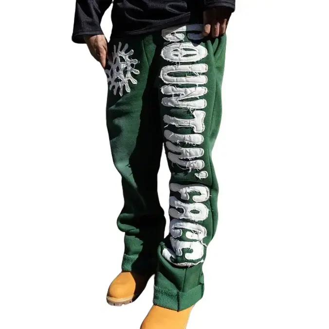 Countin' Faces Men's "KTP Baggy Flare" 55/45 Cotton Mix Polyester Sweatpants - Low Waist, Casual Fashion Loose Relaxed Fit, Distressed Print Embroidery, Adjustable Bottom, Pocket, Streetwear Flared Trousers, All-Weather Comfy Pants