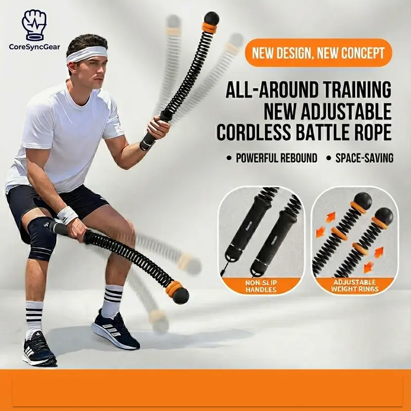 CoreSyncGear Cordless Battle Rope NEW Adjustable - Anti-Slip Silent Home Gym Equipment - Best for Core Training & Cardio