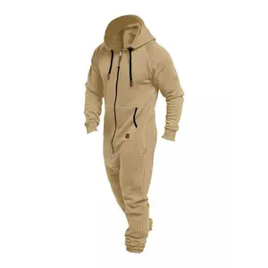 Men’s beige thermal fleece-lined hooded jumpsuit with pockets, full zipper, long sleeves, adjustable drawstring; comfortable sportswear/menswear overall, knitted, casual, plain