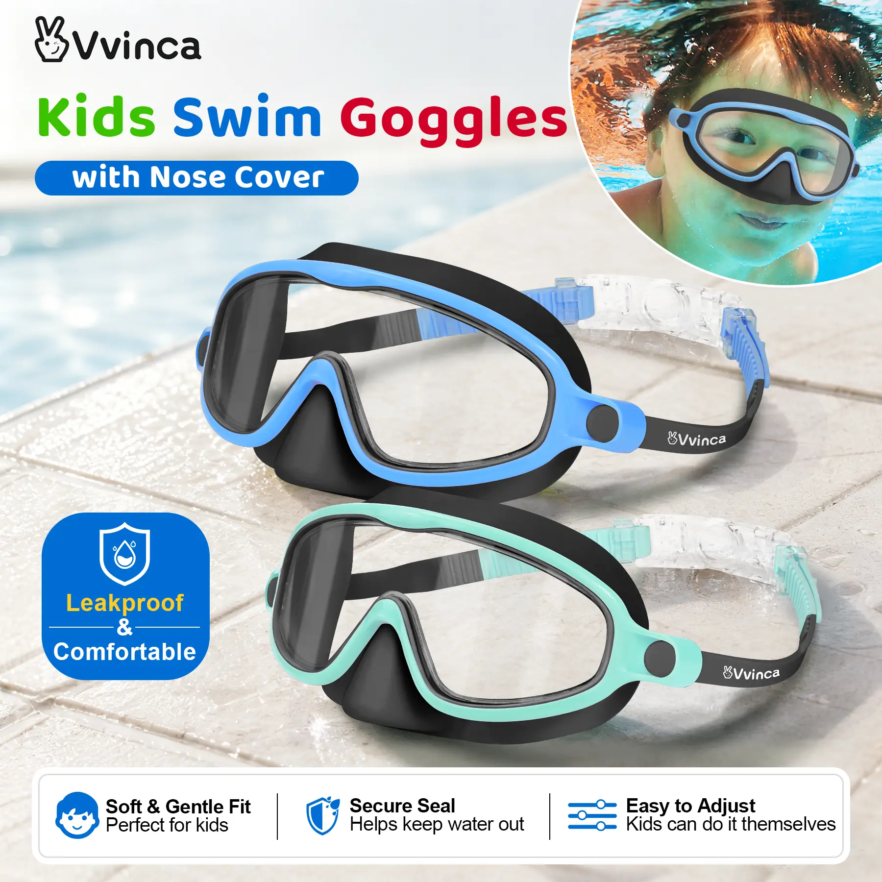 [Deals For You] Vvinca Swim Goggles 2 Pcs with Nose Cover for Ages 3-6/6-12+ Kids,Youth,UV Protection Anti-Fog Wide View Anti-Shattered Lens for Boys and Girls - Safety anti-uv swim glass anti-fog swimming goggles for Lake,Beach, Summer Party