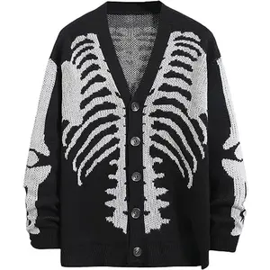 BIGWIG Fashion Skull Cardigan, Women's Halloween, Printed Button Regular Fit Casual Drop Shoulder Long Sleeve, V-Neck Sweater, Suitable for Autumn and Winter, Men's Knitted Clothing, Knitted Outdoor Personality Festival Loose Soft Style Top