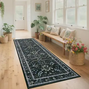 GARVEE Machine Washable Vintage Black Runner Rugs Indoor Non Slip Low Pile Carpet for Bedroom Bathroom Soft Floor Mat Farmhouse Office Decor 2x6ft