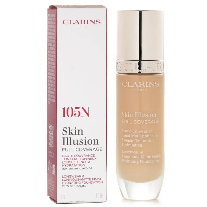 Clarins Skin Illusion Full Coverage Organic Cosmetic Foundation, Hyaluronic Moisturize Concealer - #105N, 30ml/1oz, Daily
