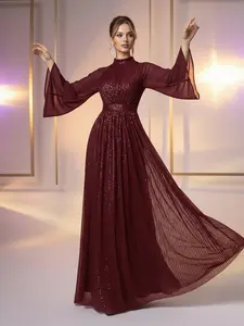 Burgundy sequin maxi dress with a stand-up collar, bell sleeves and Long Sleeves, featuring an elegant vintage style, suitable for evening dinners, wedding guests, upscale balls, and other occasions.