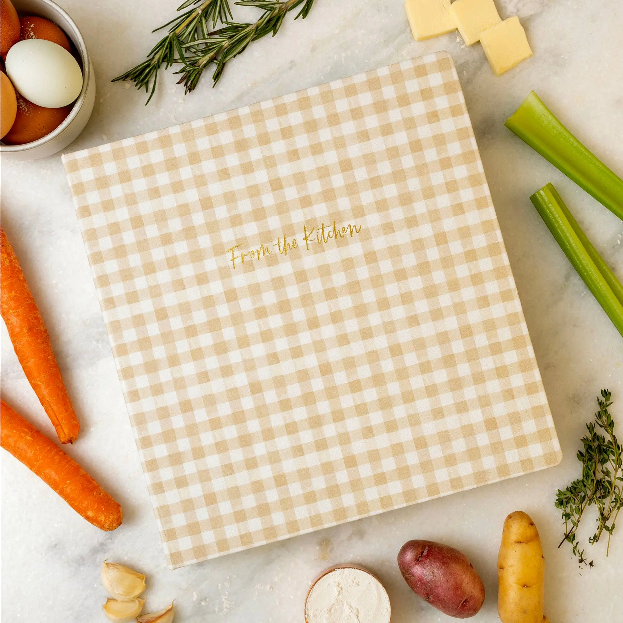 Hardcover Beige Gingham Large Ring Binder, Office Stationery for Recipe Organization, Hardcover Recipe Binder
