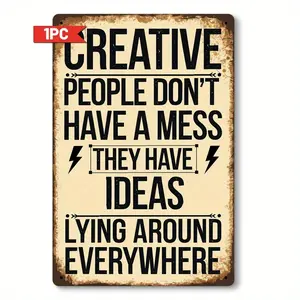2D flat, retro inspirational metal wall art logo "Creative people don't have chaos, they have ideas" - rural home office decoration, studio wall art, creative gifts for artists and writers.