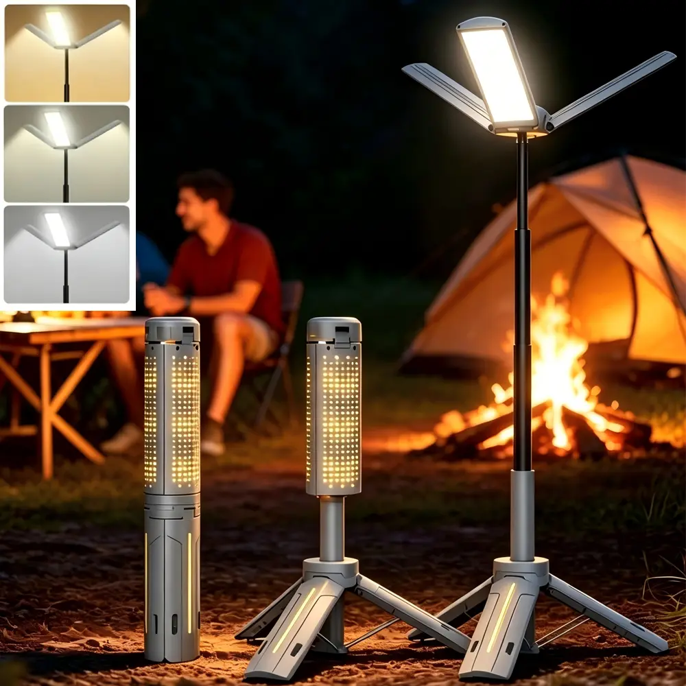 Rechargeable Cordless Lamp, 8000 mAh Camping Light with 3.4 ft Adjustable Telescopic Tripod, High-Lumen Work Light with 3 Adjustable Dimmable Heads, Ideal for Camping, Garage Use