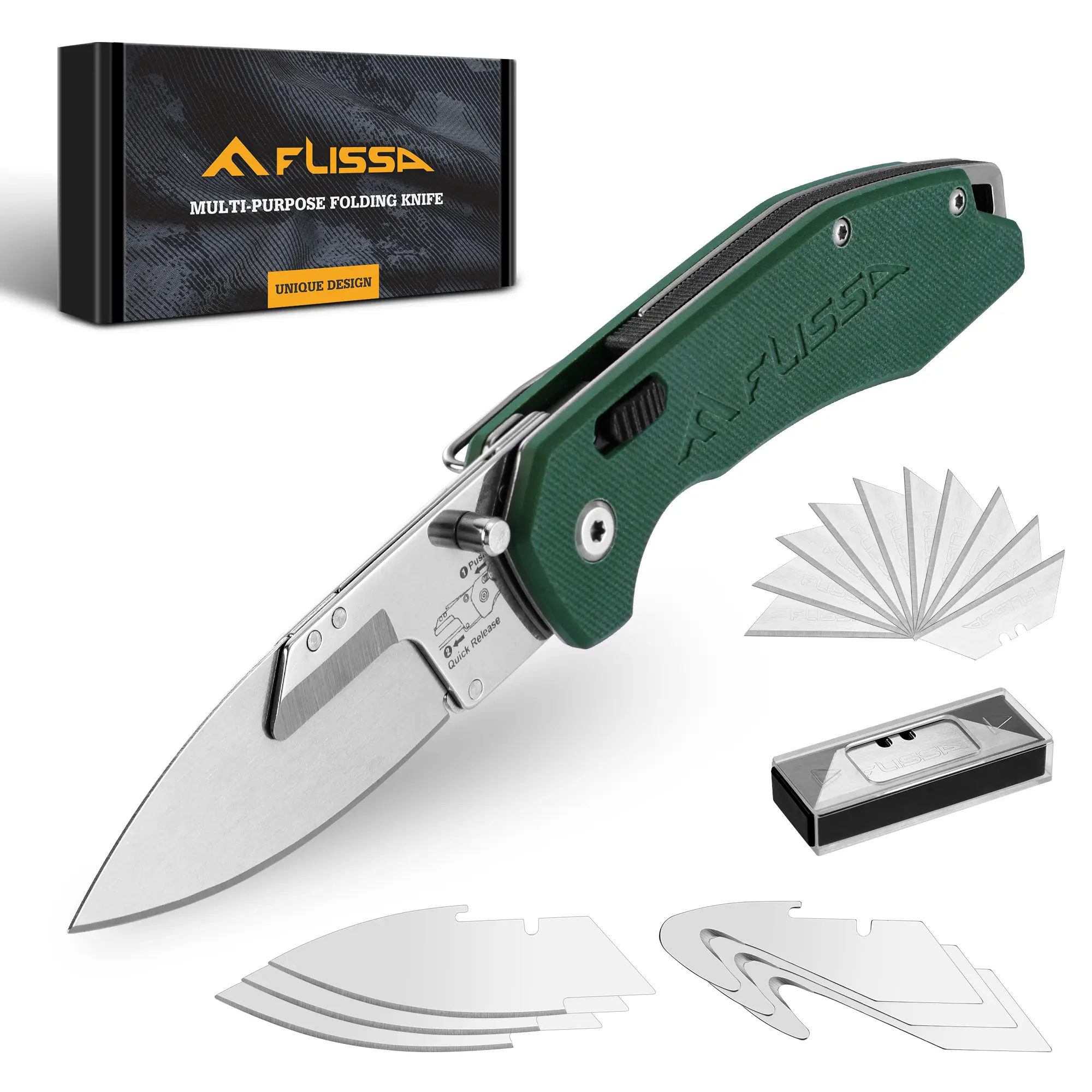 #backtoschool FLISSA Replaceable Blade Folding Knife, 3-in-1 Pocket Hunting Knives, Liner Lock Knife for Hunting, Skinning & Field Dressing, Green G10 Handle, Includes 16 Blades