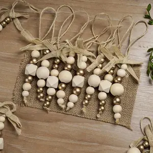 4 Pieces Bohemian Wooden Bead Christmas Tree Ornaments with Gold Beads and Bows, Farmhouse Style Holiday Hanging Decorations for Garland and Wreaths, Suitable for Christmas Holiday Decorations, Christmas Tree Ornaments and Accessories Hanging Decorations