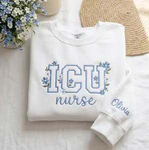 (Leave a note) Embroidered ICU Nurse Sweatshirt, Floral Blue Toile Critical Care Apparel, Personalized Floral RN Nurse Shirt, Healthcare Worker Gift