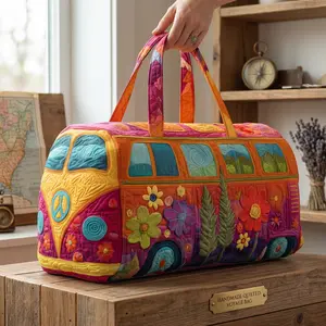 Retro Hippie Bus Quilted Travel Gym Bag - Bohemian High-Definition Printed, Colorful Floral Pattern, Large Capacity Weekend Luggage Bag; Thick-Soled Soft Leather Training Shoes