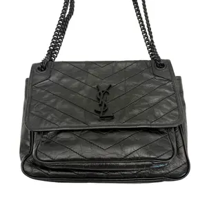 Pre-owned Yves Saint Laurent YSL Saint Laurent Niki Black Crinkled Leather Chevron Quilted Chain Bag