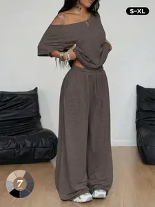 Sexy Off-Shoulder Short Sleeve Top + High-Waist Drawstring Wide Leg Pants Set, Loose Fit Slimming Casual Two-Piece, Soft Skin-loungewear set Womenswear