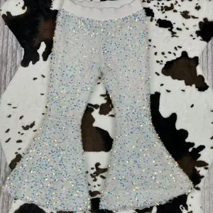 Girls' Mid-Waist White Sequined Flare Bottom Pants, C16-20 Size, All Seasons Kids' Fashion Bottoms