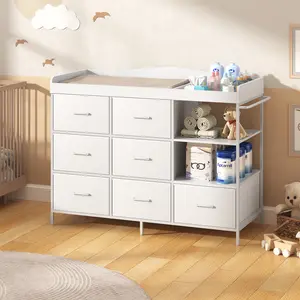 Modern Baby Changing Table with 7 Drawers & Open Shelves, Nursery Storage Dresser for Baby Essentials