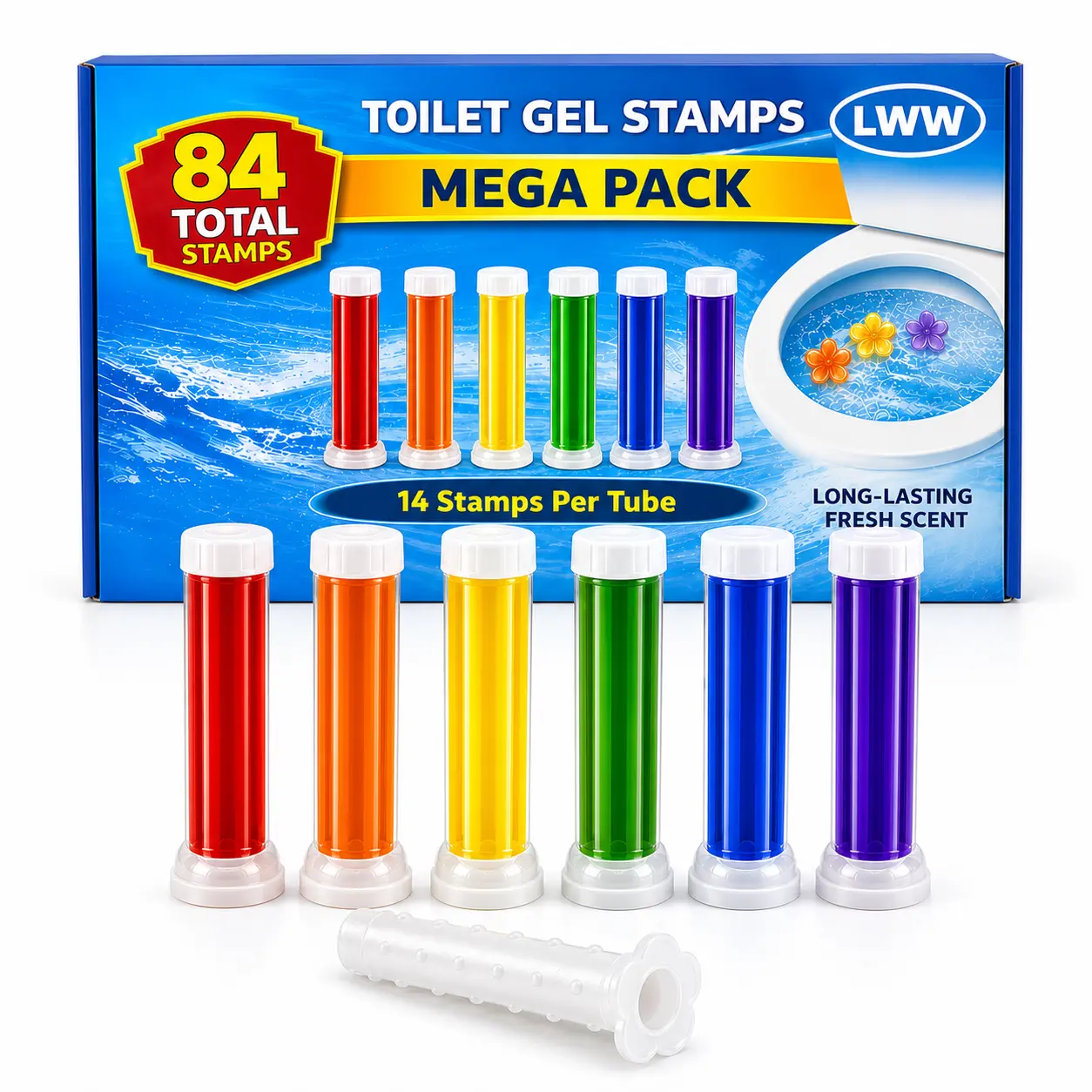 LWW Toilet Gel Stamp Cleaner, 84 Flower Stamps, 6 Scents Toilet Bowl Freshener Gel with Reusable Applicator, Flush-Activated Bathroom Deodorizer