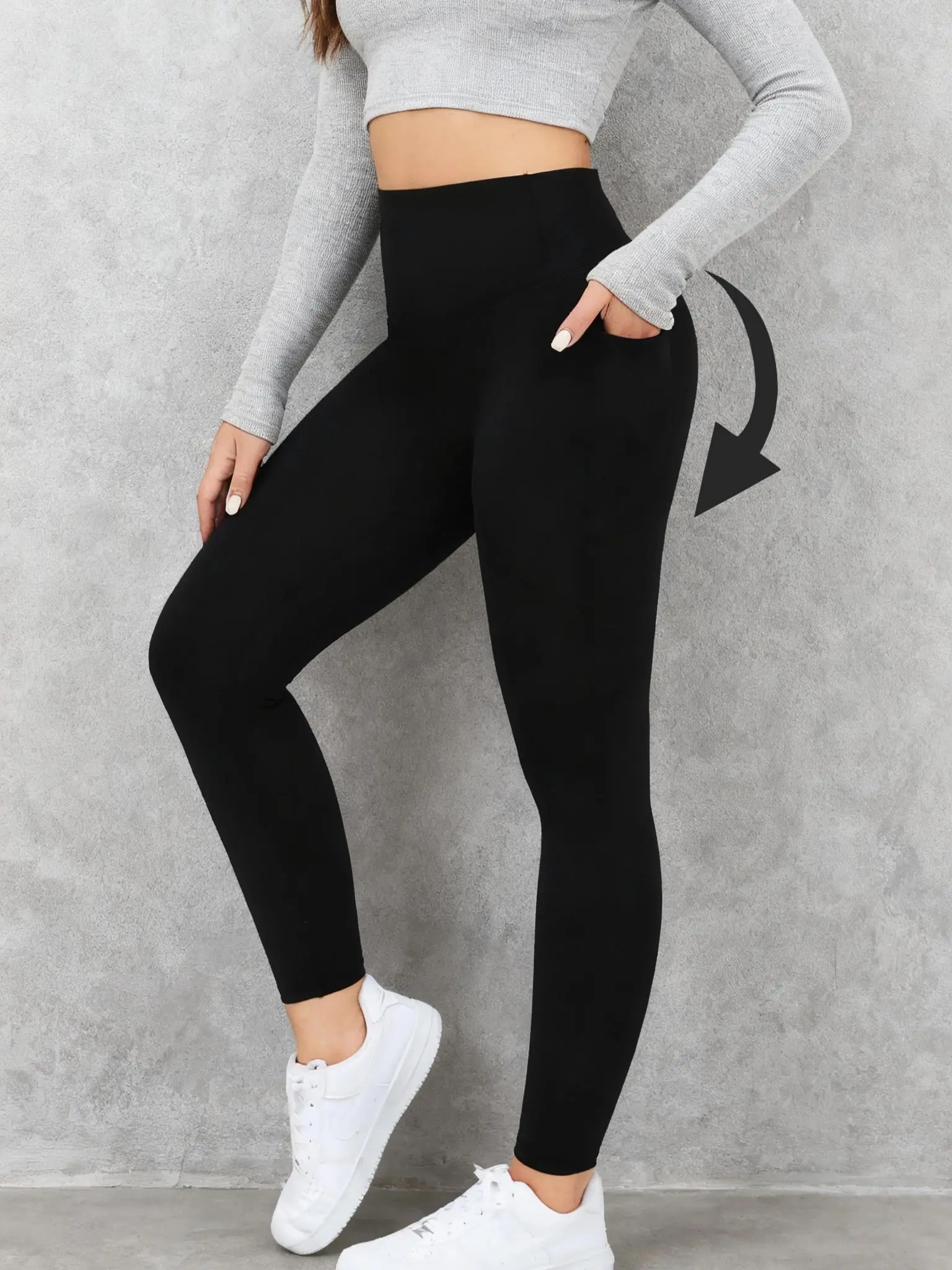 One set of women's pocket trousers, fitness yoga trousers, black sports trousers, home casual trousers, yoga trousers with pockets Solid Color Leggings