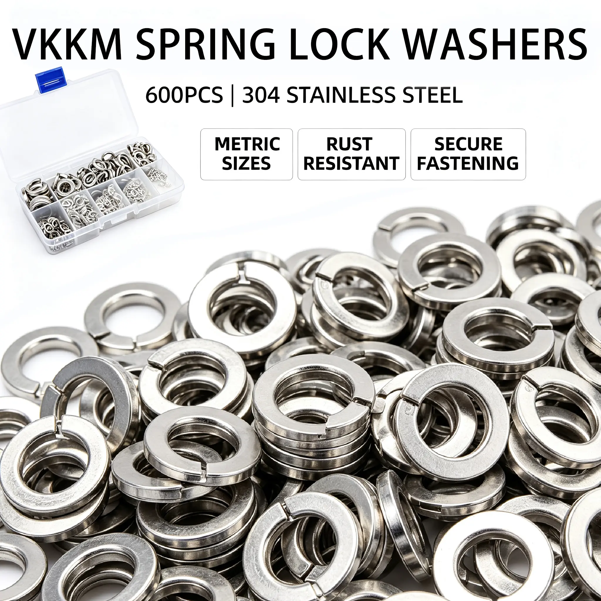 VKKM 600Pcs M2-M12 304 Stainless Steel Spring Lock Washers Kit, Metric Split Elastic Washers for Industrial Construction Fastening