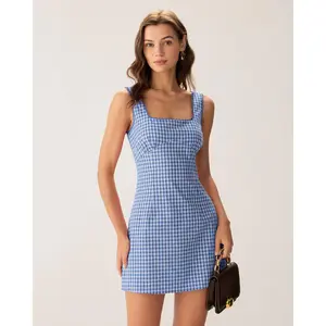 Rihoas Women's Feminine Blue Plaid Polyester-Cotton Sleeveless Square Neck Soft-Fit Floral Casual Slip Mini Dress, Ideal for Daily Casual Wear, Stylish Women's Clothes