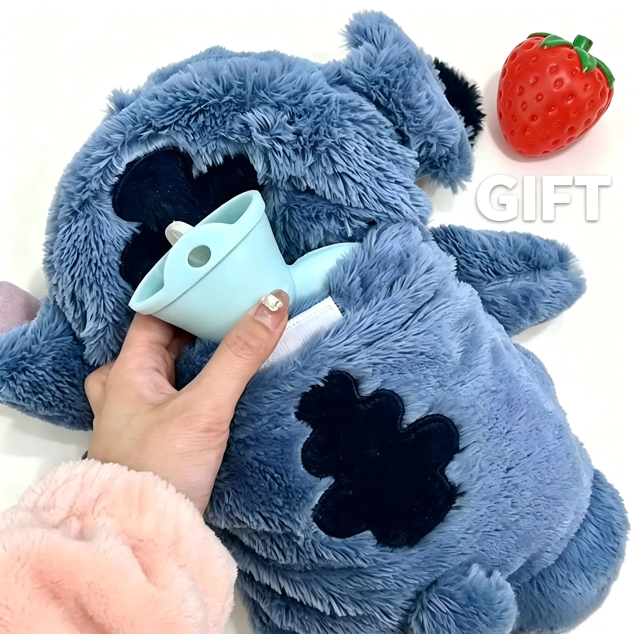 [Deliver strawberries]Cute Blue Cotton Stuffed Plush Cover Water-Filled Hot Water Bottle Hand Warmer, Cold Weather Gift for Girls