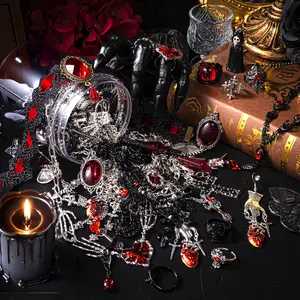 Mieuas Dark ring with red zircon - Lava Gothic Witch Mystery Surprise Jewelry Jar Set - 30 Handpicked Pieces Including Rings, Necklaces, Earrings & Occult Accessories for Halloween Gift Vintage Black Women's Ring
