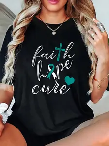 100% Cotton Unisex Cervical Cancer Awareness White & Teal Faith Hope Cure T-Shirt -Short Sleeve T-Shirt Women's Men's Graphic Tee Causal Tops