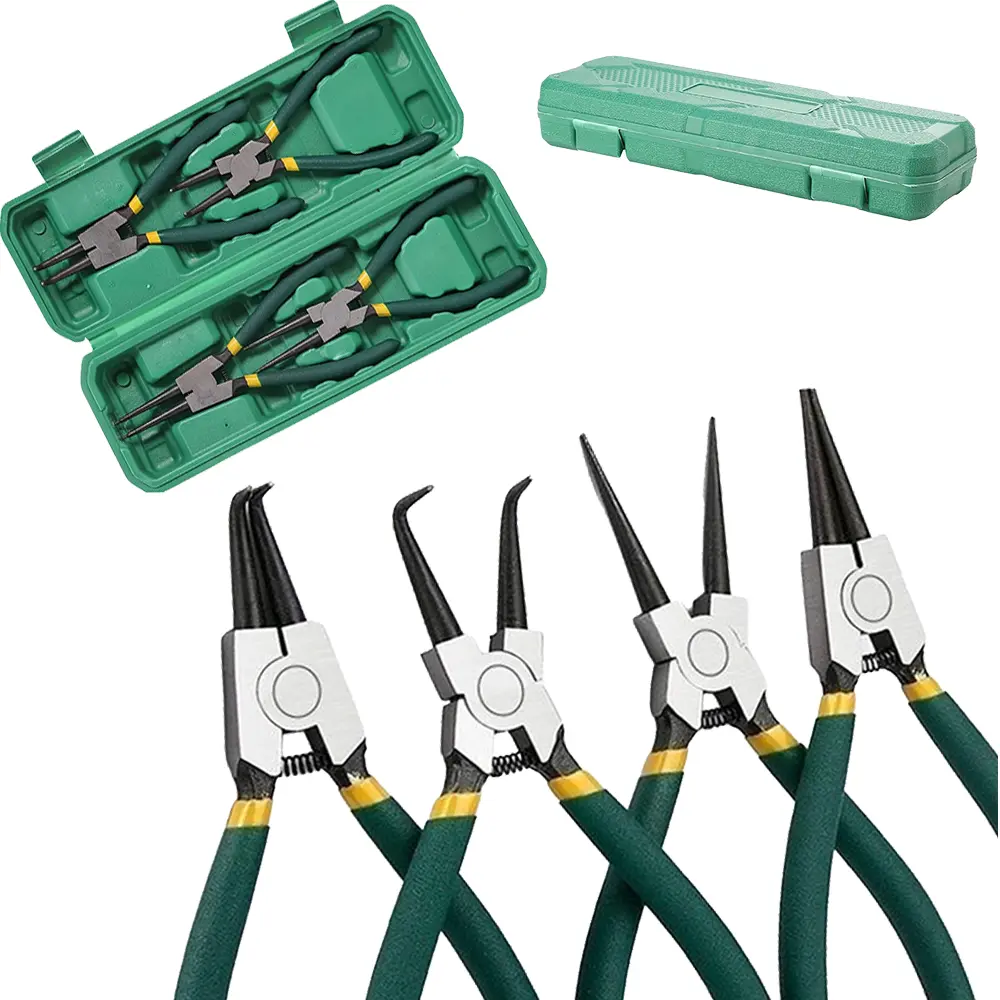 4 Piece Snap Ring Pliers Set, 7 Inch Internal External Circlip Pliers Kit with Straight and 90 Degree Bent Tips, Heavy Duty Retaining Ring Remover for Auto Repair, Carrying Case Included
