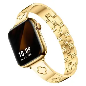 Luxury Gold Four-Leaf Clover Band for Apple Watch Adjustable Stainless Steel Bracelet Fits Series 10/9/8/7/6/SE/Ultra 38-45mm No-Tool Resizing Universal Compatibility Magnetic Nylon Strap