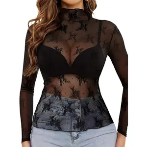 Women's mesh long-sleeve top, lace slim-fit see-through fishnet shirt, floral embroidered T-shirt