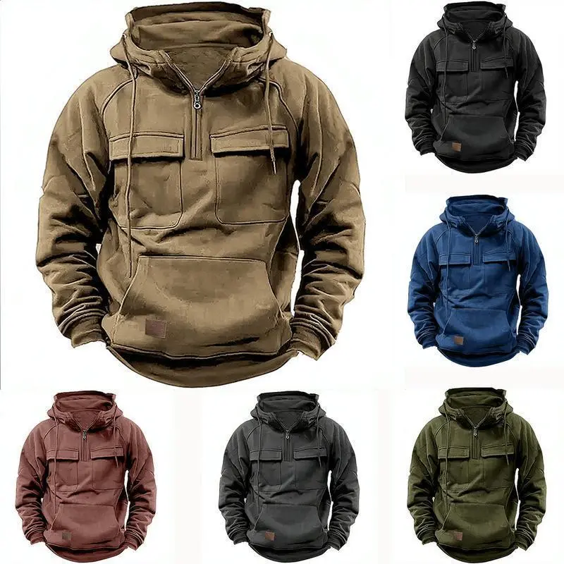 Men Tactical Sweatshirt Quarter Zip Cargo Pullover Hoodies Workout Gym Men Fashion Outdoor Hoodies Casual Tops