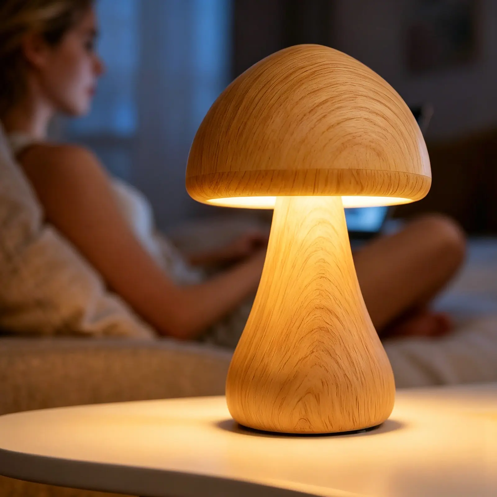 Mushroom Shape Table Lamp - Beech Wood Base, USB Rechargeable with USB Port, Tap-Top Touch Control, 3 Color Modes, Anti-Slip Surface, Soft Adjustable Indoor Lighting, Battery-Included Kids Decor for Indoor Use