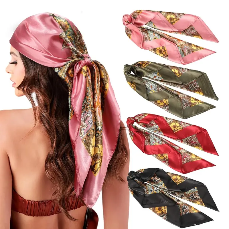 Women's Synthetic 4-Piece Printed Square Scarf Set (35x35 in/90x90 cm) - Versatile Neck Accessory, Hair Kerchief, Head Wrap, All-Season Use for Anniversary, Auspicious Occasions, Ideal Gift for Wife, Daughter, Mother