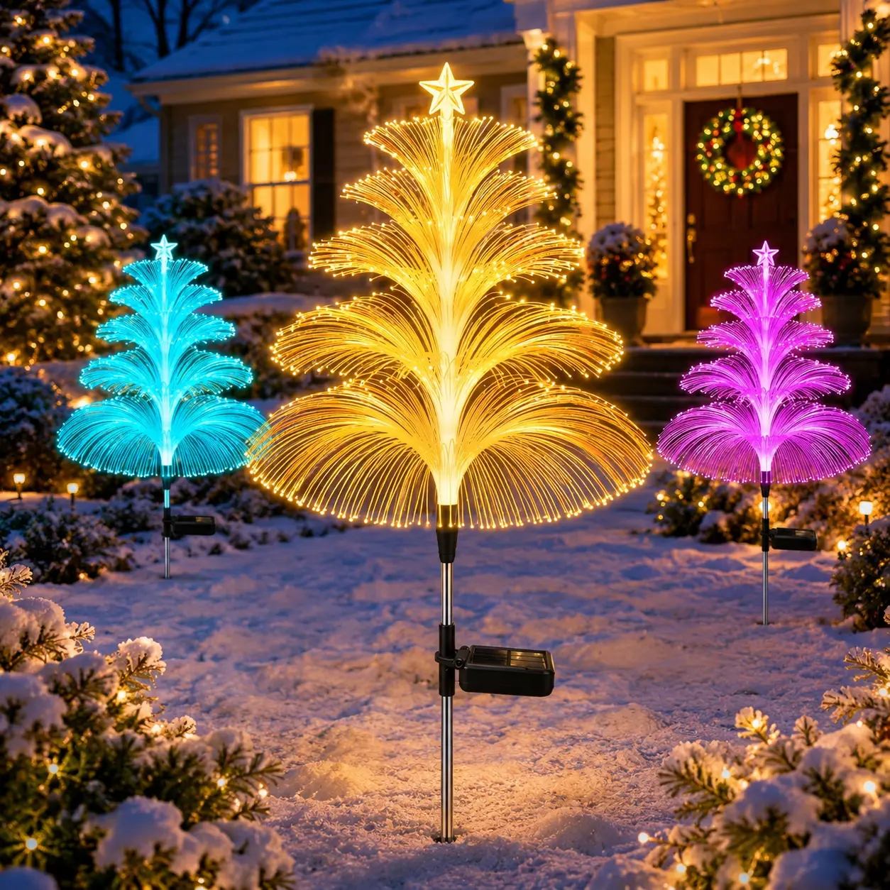 LED Jellyfish-Shape Solar Fiber Optic Garden Stake Lights - Outdoor, 7-Color Changing Star Design, Solar-Panel Powered, IP65 Water Resistant Plastic Decor for Father's Day, Holiday Yard Pathway
