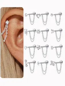 Cubic Zirconia Earrings, Stainless Steel 20g Flat Push-Back Studs, Unisex Dual Chain Ear Piercing Jewelry Gift, Fashionable Dangle Earrings