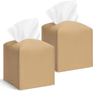 2 Pcs Modern Square Cream Faux Leather Tissue Box Set for Everyday Use Simple Design and Basic Storage Needs