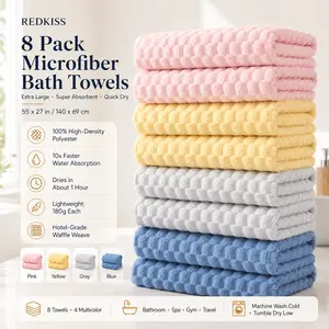REDKISS 8 Pack Microfiber Bath Towels - Extra Large, Super Absorbent, Quick Dry Waffle Towels Set for Bathroom, Spa, Gym, and Travel - Luxury, Plush, 4 Multicolor