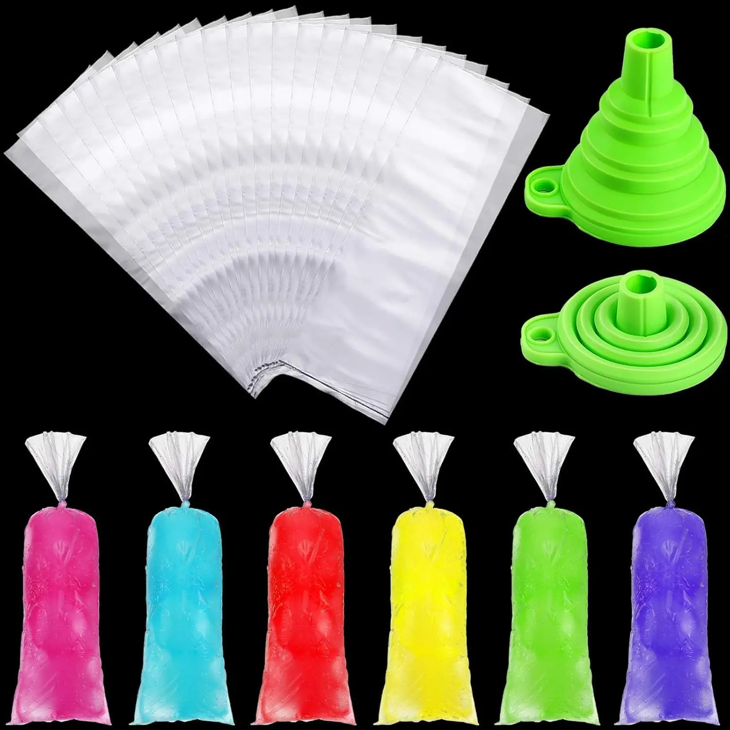 240 Pieces Ice Lolly Bolis Bags Disposable Ice Cream Lolly Mold Plastic Candy Freeze Icepop Bags Bolsas Para Bolis De Hielo with Silicone Funnel for Making Yogurt (2 x 12 Inch)