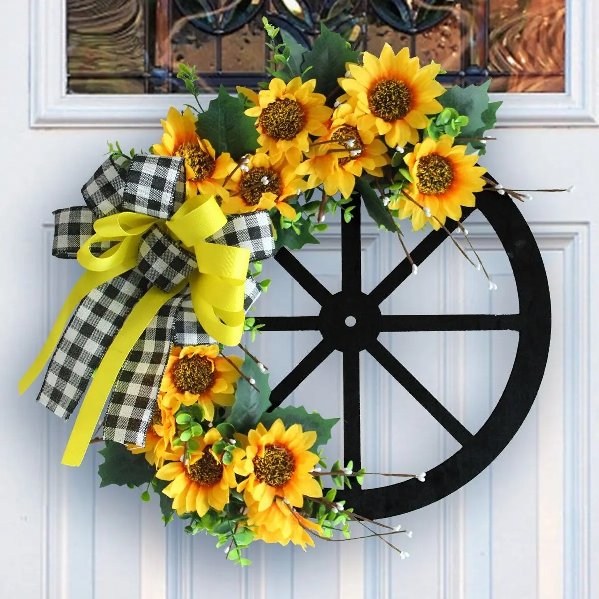 Rustic Artificial Sunflower Wagon Wheel Wreath, 17.72inch Farmhouse Front Door Wreath Home Ornament with Buffalo Plaid Bow, Faux Sunflower Decoration for Home Outdoor
