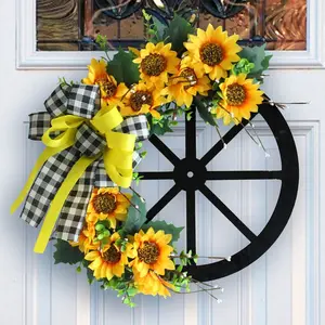 Rustic Artificial Sunflower Wagon Wheel Wreath, 17.72inch Farmhouse Front Door Wreath with Buffalo Plaid Bow, Faux Sunflower Decor for Home Outdoor