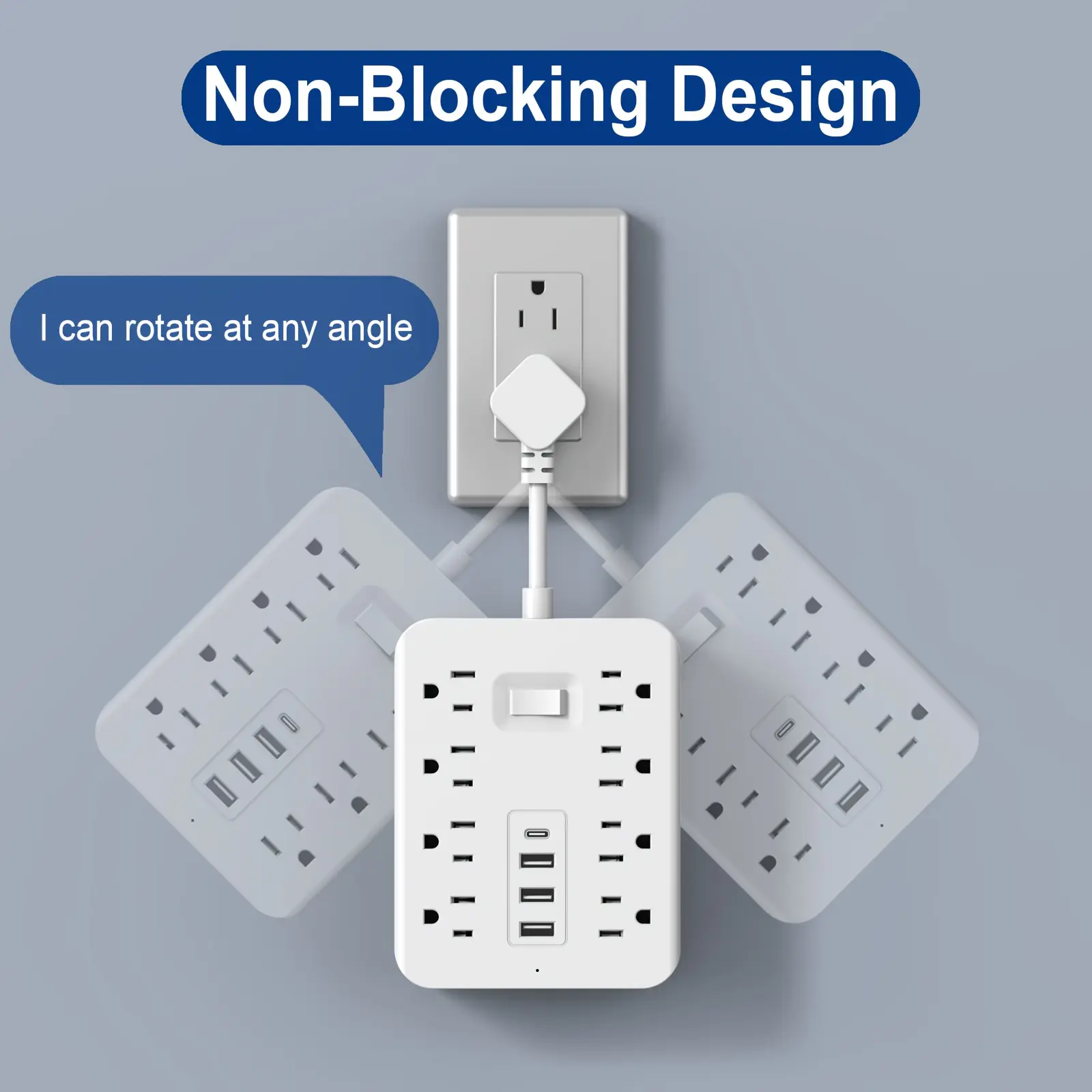Surge protector power board - 8 wide sockets, with 3 USB ports,1 Type-C, flat plug, wall-mounted, desktop USB charging station, white