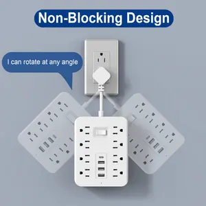 Surge protector power board - 8 wide sockets, with 3 USB ports,1 Type-C, flat plug, wall-mounted, desktop USB charging station, white