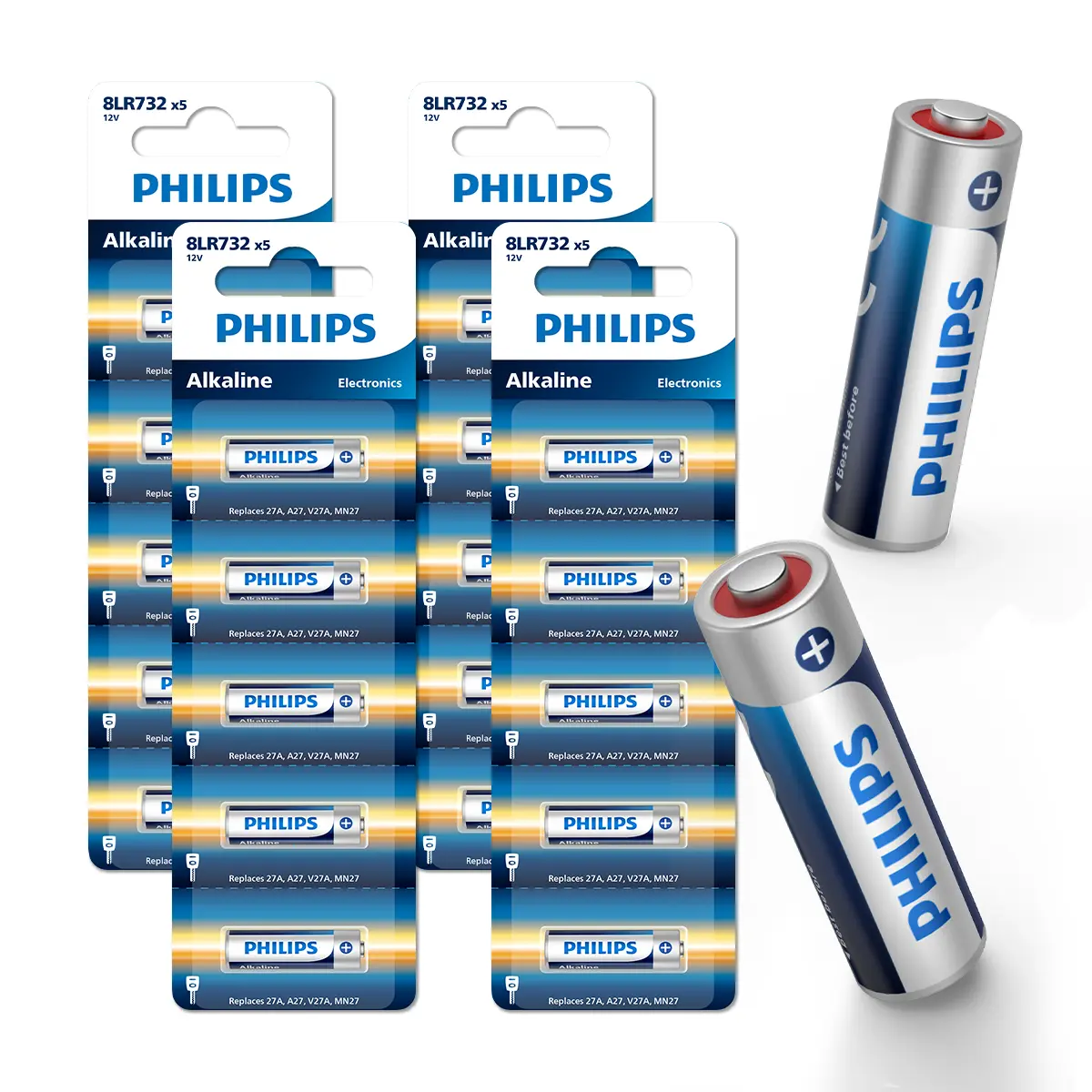 PHILIPS 20-Pack A27 27A 12V Alkaline Battery, 12 Volt LR27A MN27 Battery, Long Lasting for Ceiling Fan Remote, Garage Door Opener, Doorbell, Key Fob