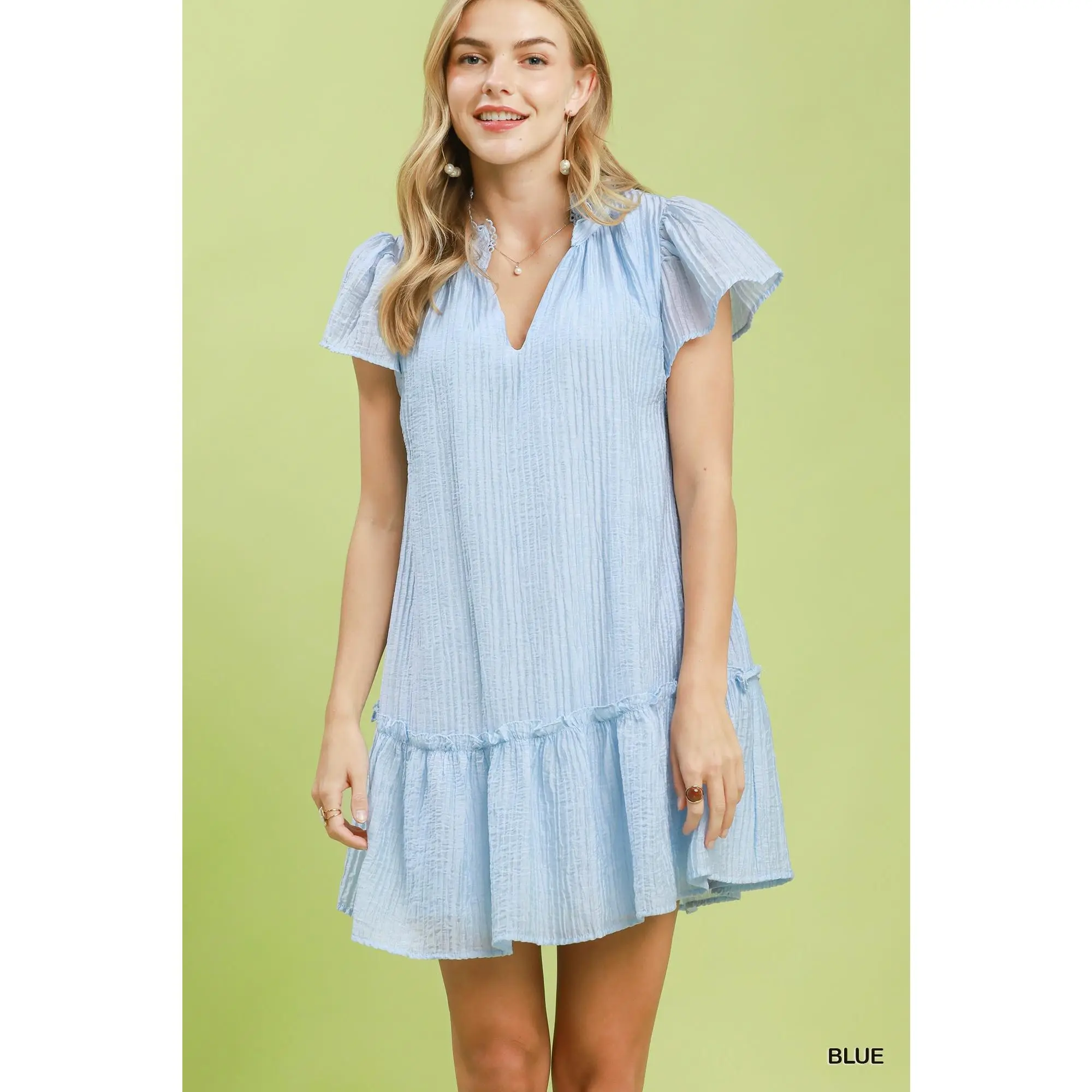 Women's Umgee Polyester Textured Short-Sleeve Lightweight Comfortable Casual Mini Dress with Pockets, Tiered Ruffle Hem (Cold Wash Recommended)