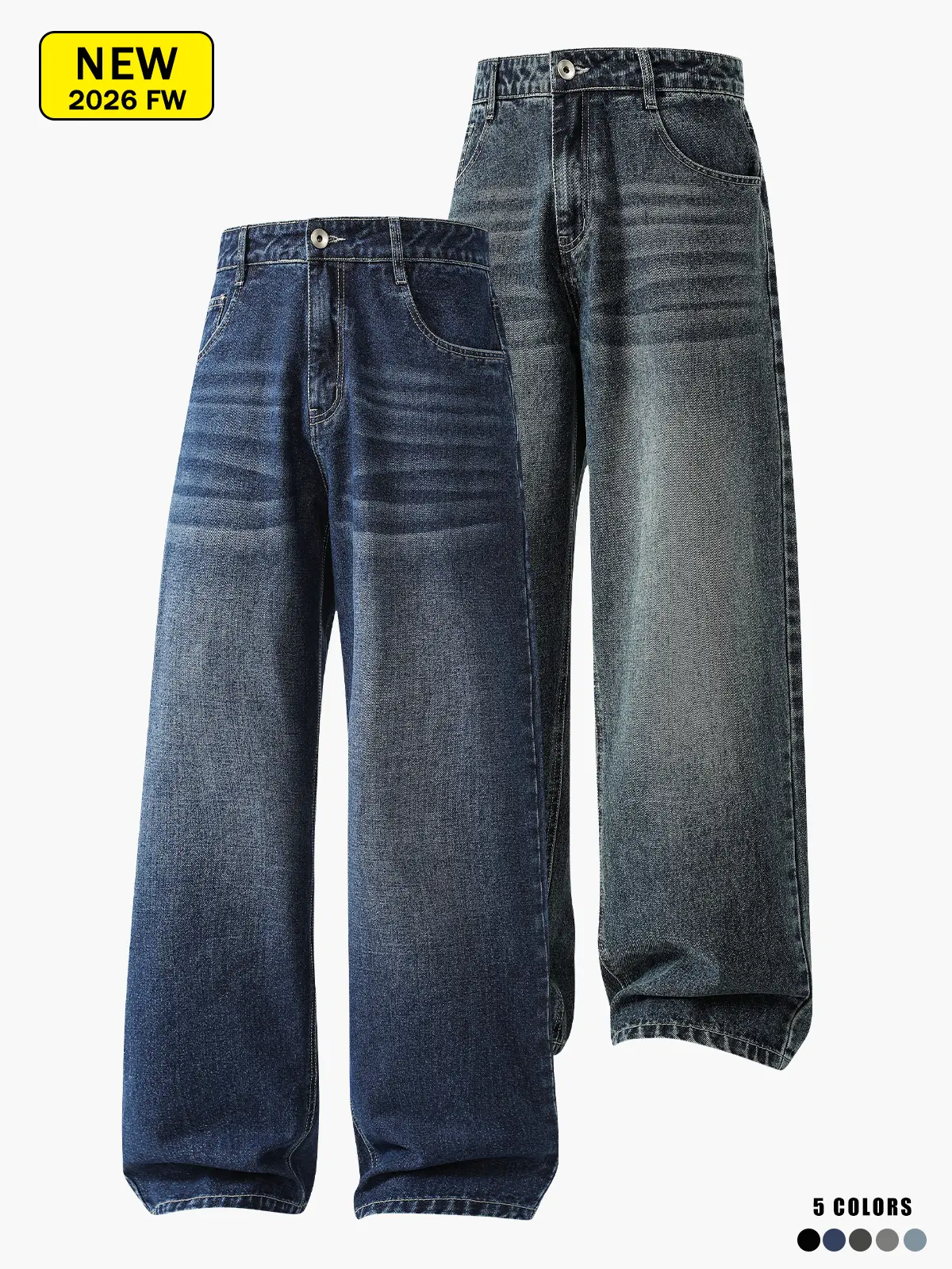 Retro Faded Wash Wide Leg Denim Jeans, Men Baggy Loose Fit Cotton Straight Leg Jeans Casual Daily Streetwear Trousers