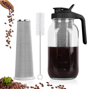 Cold Brew Coffee Maker 64 oz Mason Jar Pitcher with Stainless Steel Filter Pour Spout Handle Lid Heavy Duty Glass Airtight Leak Proof for Iced Coffee Tea Lemonade - Pots