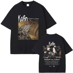 Korn Follow The Leader Nu Metal Graphic Tee, Retro Rock Band Printed Black Short Sleeve Top, Gothic Casual Streetwear Unisex Fashion Shirt, Trendy Daily Party Wear For Rock Music Enthusiasts