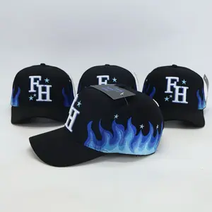 FAMA HATS - "FLAMAS AZUL" Black Baseball Cap with Blue Flame Design and "FH" Logo