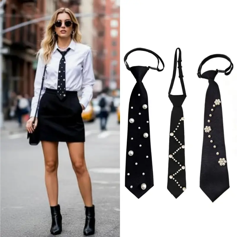 3pcs Black Pre-tied Uniform Neckties with Artificial Pearl Accents, Adjustable Elegant Neckwear, Party Wear for Prom, Banquet, 5.5Cm