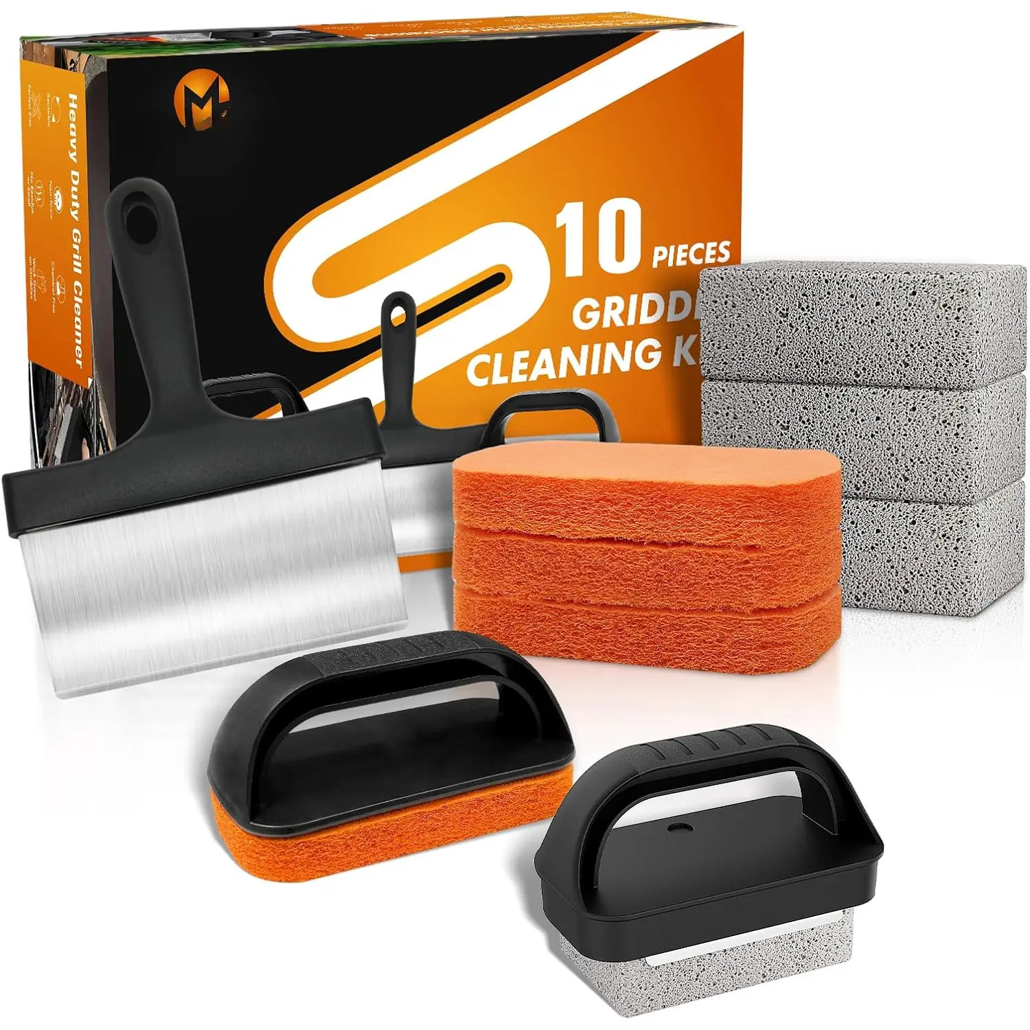 Griddle Cleaning Kit for Blackstone, Flat Top Grill Cleaning Kit with Grill Stone, Upgraded Scouring Pads & Griddle Scraper & Brush with Handle - Easy to Remove Stain (10 PCS)